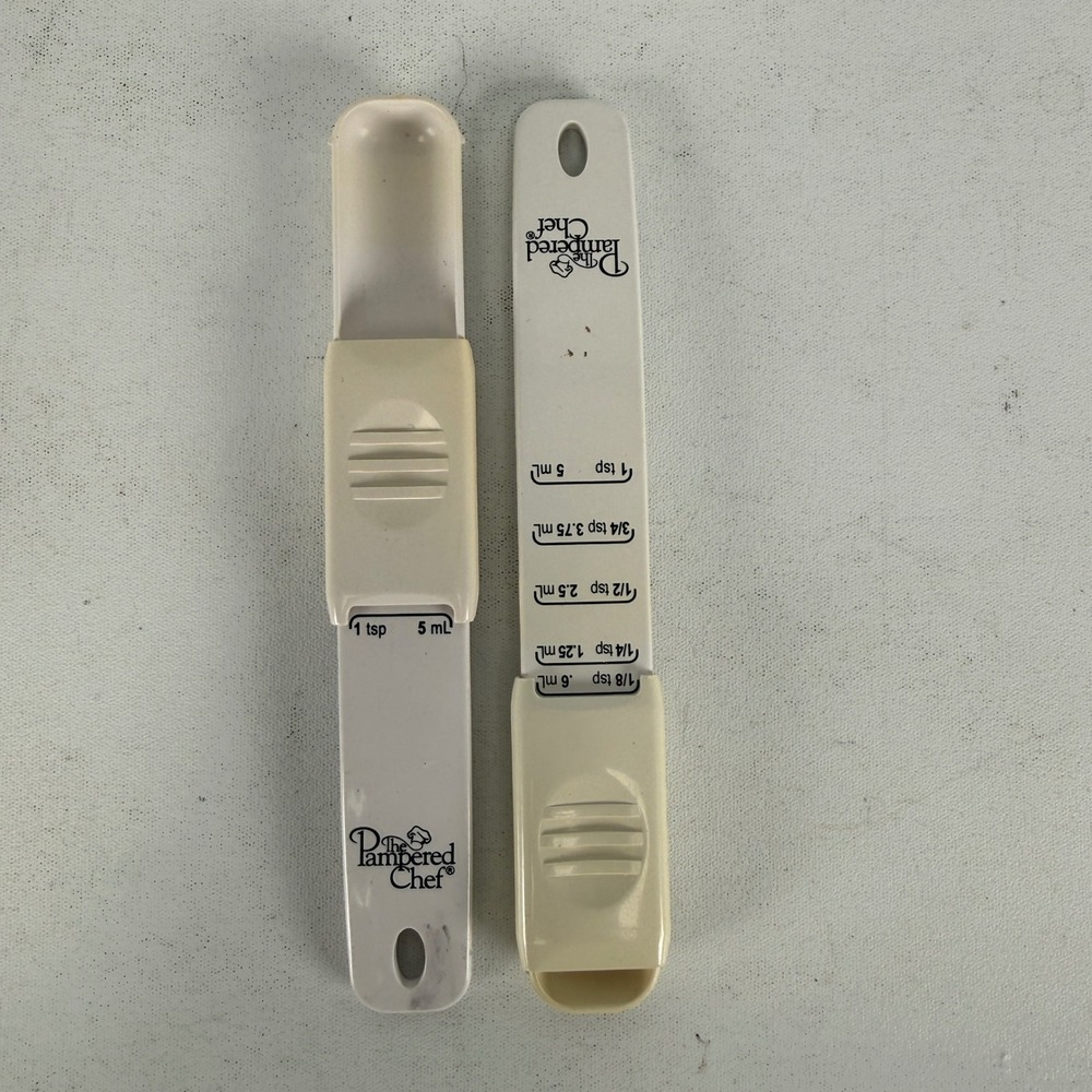 Pampered Chef Adjustable Measuring Spoons Set of 2 White 1/8 tsp to 1 tsp USA